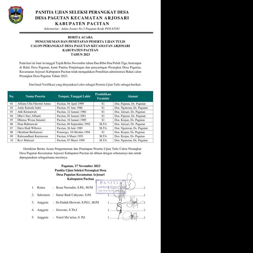 Tahapan Lanjutan Penjaringan dan Penyaringan Perangkat Desa Pagutan
